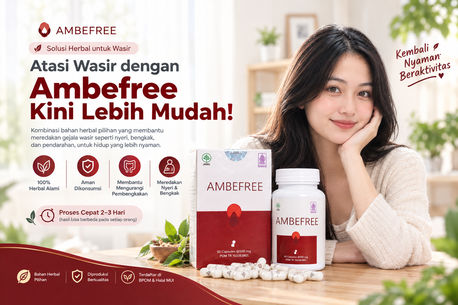 Ambefree obat ambeien dan wasir, botol 50 kapsul 500 mg, terdaftar BPOM dan Halal Indonesia